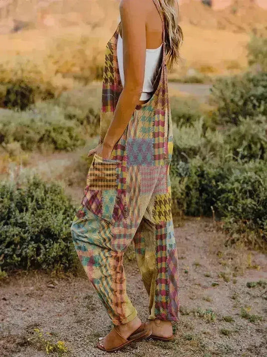 Printed V-Neck Jumpsuit - Sleeveless Romper with Pockets