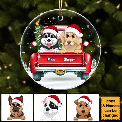 Dog Lovers Red Truck On The Snow - Personalized Circle Acrylic Ornament - Christmas Gift For Dog Mom, Dog Dad, Dog Lovers