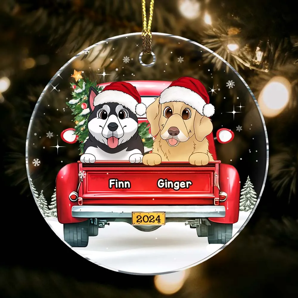 Dog Lovers Red Truck On The Snow - Personalized Circle Acrylic Ornament - Christmas Gift For Dog Mom, Dog Dad, Dog Lovers
