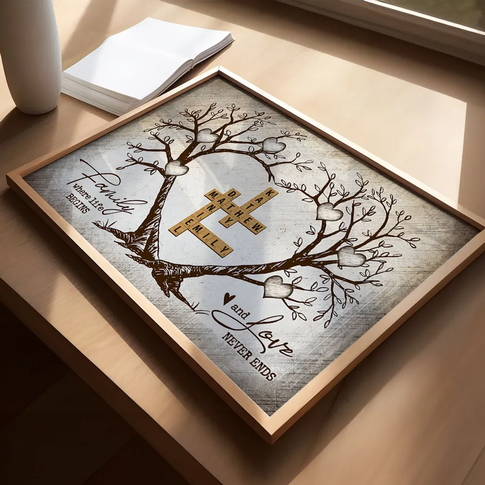 Family Heart Tree Crossword Puzzle - Personalized Horizontal Poster - Gift For Family Members, Mom and Dad