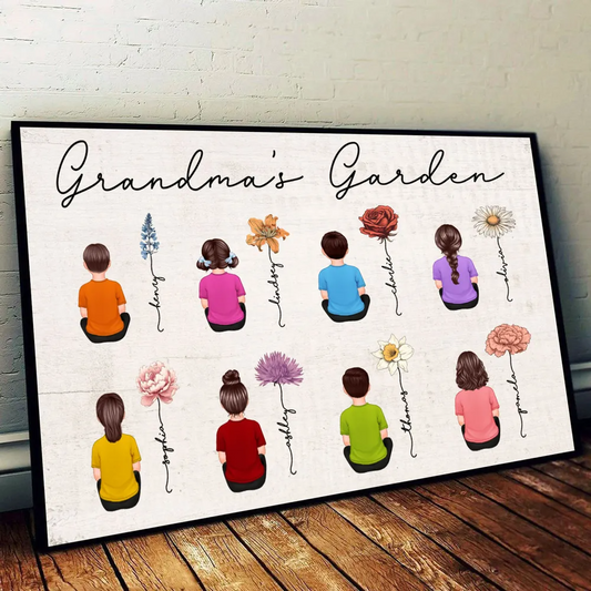 Birth Month Flowers Garden With Grandkids Names - Personalized Family Gift For Grandma, Grandpa, Grandparent | Poster
