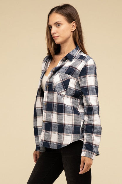 ZENANA Cotton Plaid Shacket With Front Pocket