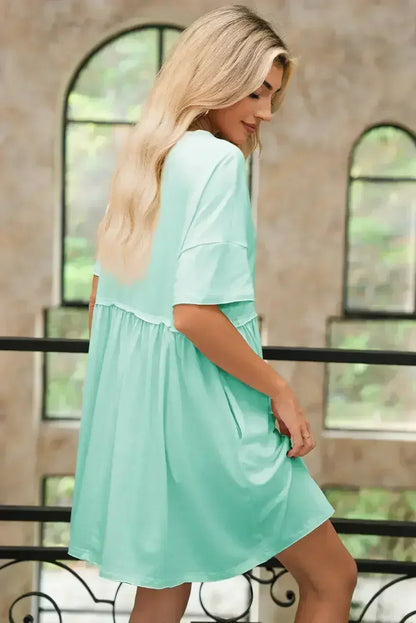 Sky Blue Solid Color Pocket Raw Edge Babydoll Dress