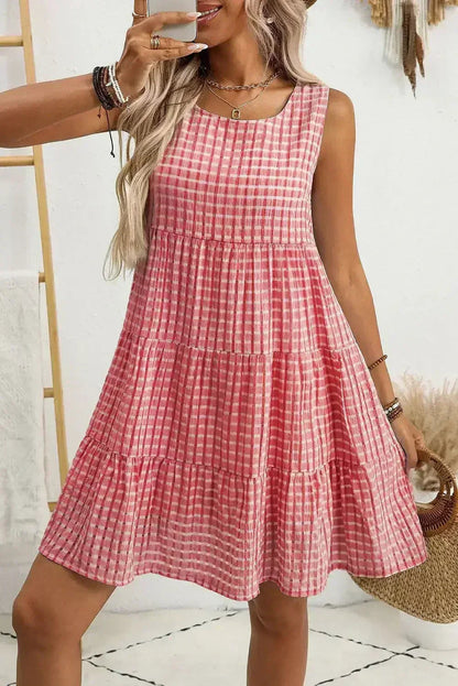 Light Blue Gingham High Waist Sleeveless Mini Dress