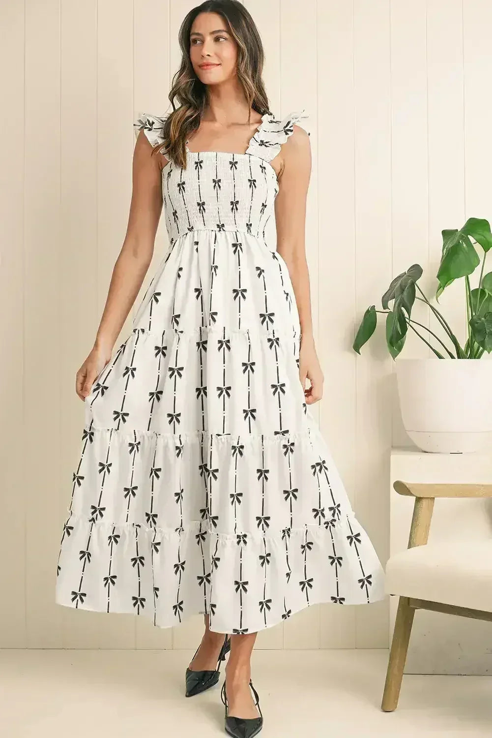 Black Bow Print Smocked Ruffle High Waist Maxi Dress