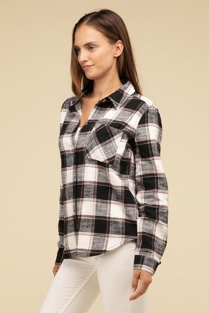 ZENANA Cotton Plaid Shacket With Front Pocket