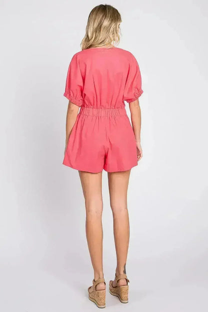 GeeGee Half Button V-Neck Linen Romper