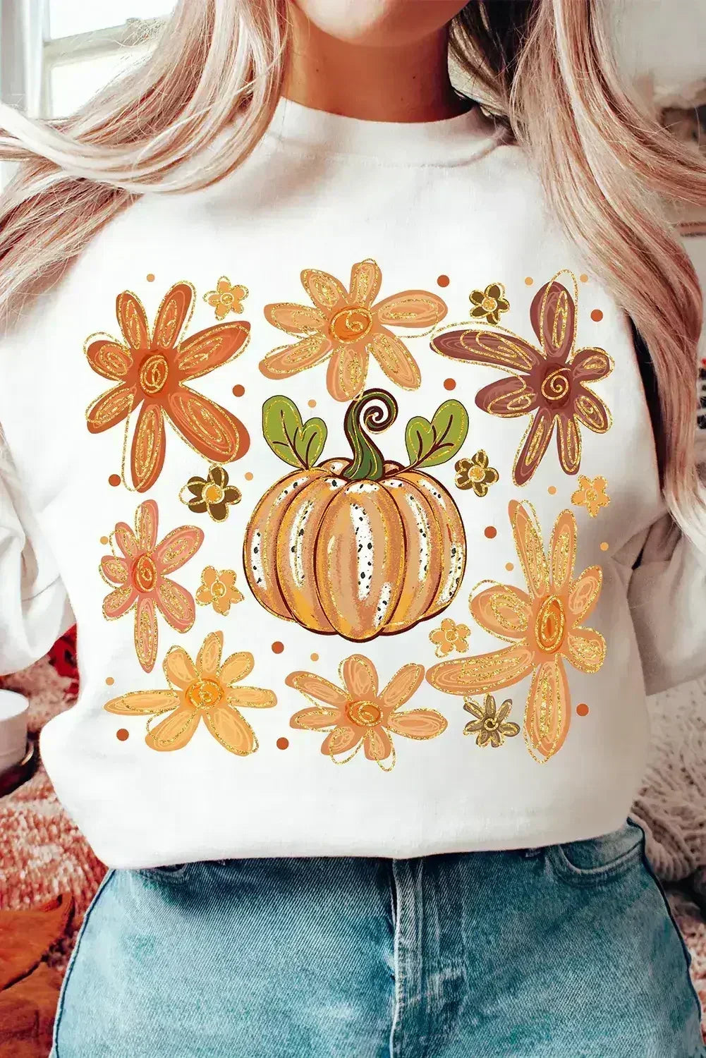 White Flower Pumpkin Printed Cotton Blend Sweatshirt