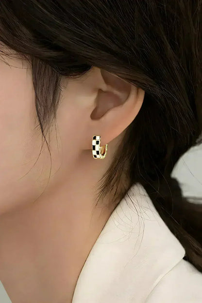Gold Checkerboard Hoop Earrings | Plaid Design Copper Hoops - Femstylo