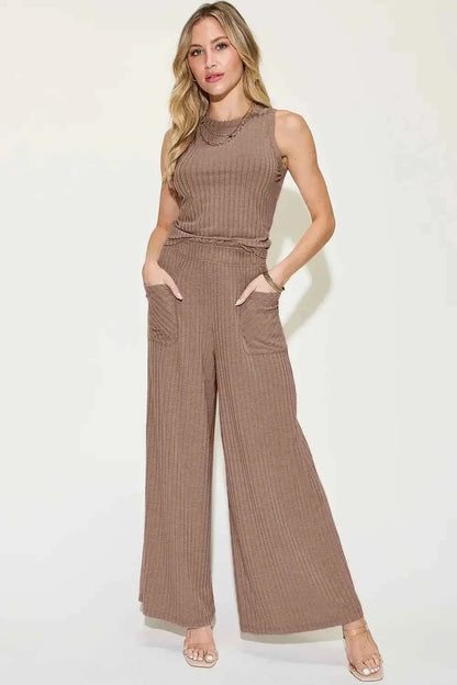 Ribbed Tank and Pants Set with Wide Leg Style
