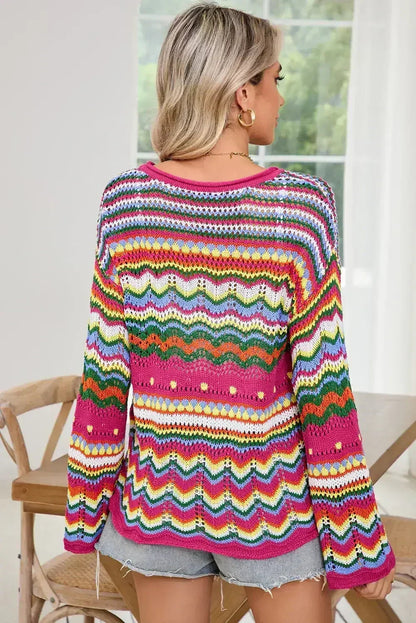 Rose Red Colorblock Striped Hollowed Knit Loose Sweater
