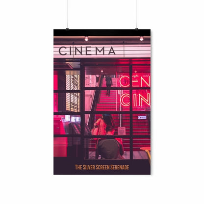 Poster of a cinema with people inside, featuring the text 'Cinema' and 'The Silver Screen Serenade'.