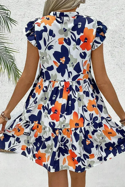 Rose Floral Print Notched Neck Flutter Sleeve Mini Dress