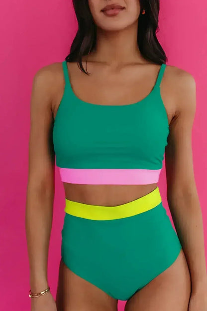 Sea Green Contrast Trim Colorblock High-Waisted Bikini Swimwear