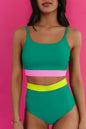 Sea Green Contrast Trim Colorblock High-Waisted Bikini Swimwear