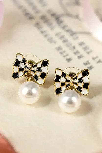 Black Checkered Bow Earrings | Pearl Drop Dangle Earrings - Femstylo