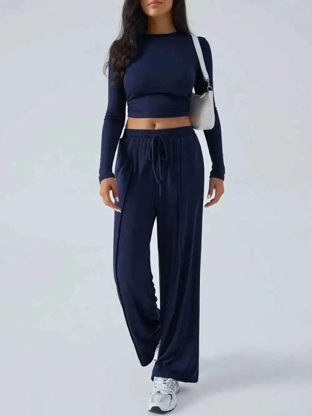 Round Neck Long Sleeve Crop Top and Pants Set
