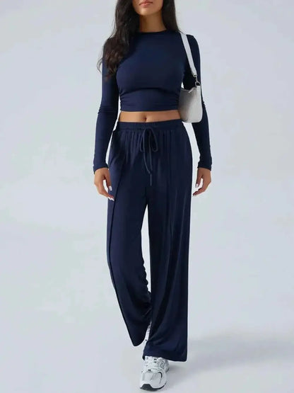 Round Neck Long Sleeve Crop Top and Pants Set