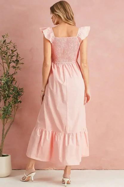 Black V Neck Flutter Sleeve Smocked Bodice High Waist Ruffle Maxi Dress