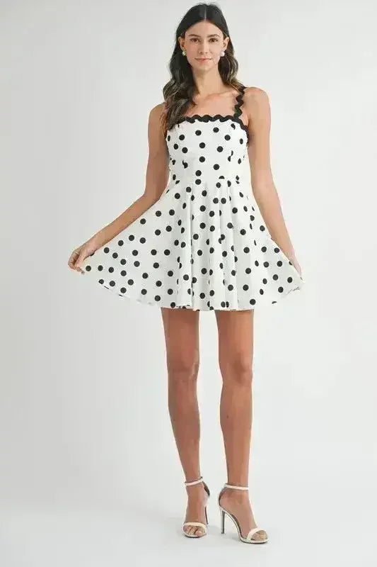 Polka Dot Mini Dress – Ricrac Trim Strap & Smocked Back