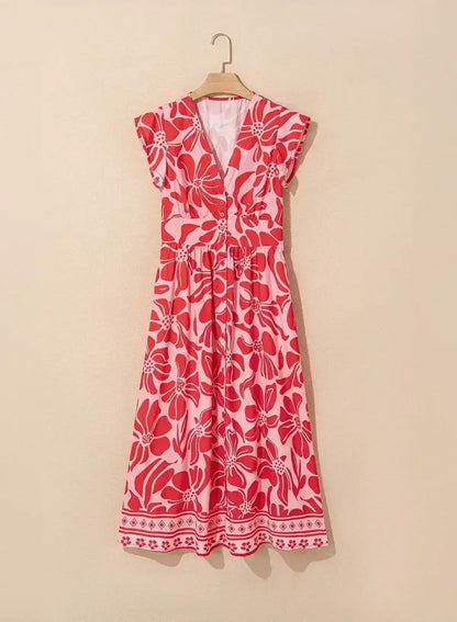 Red Boho Floral V-Neck Ruffle Shoulder Maxi Dress