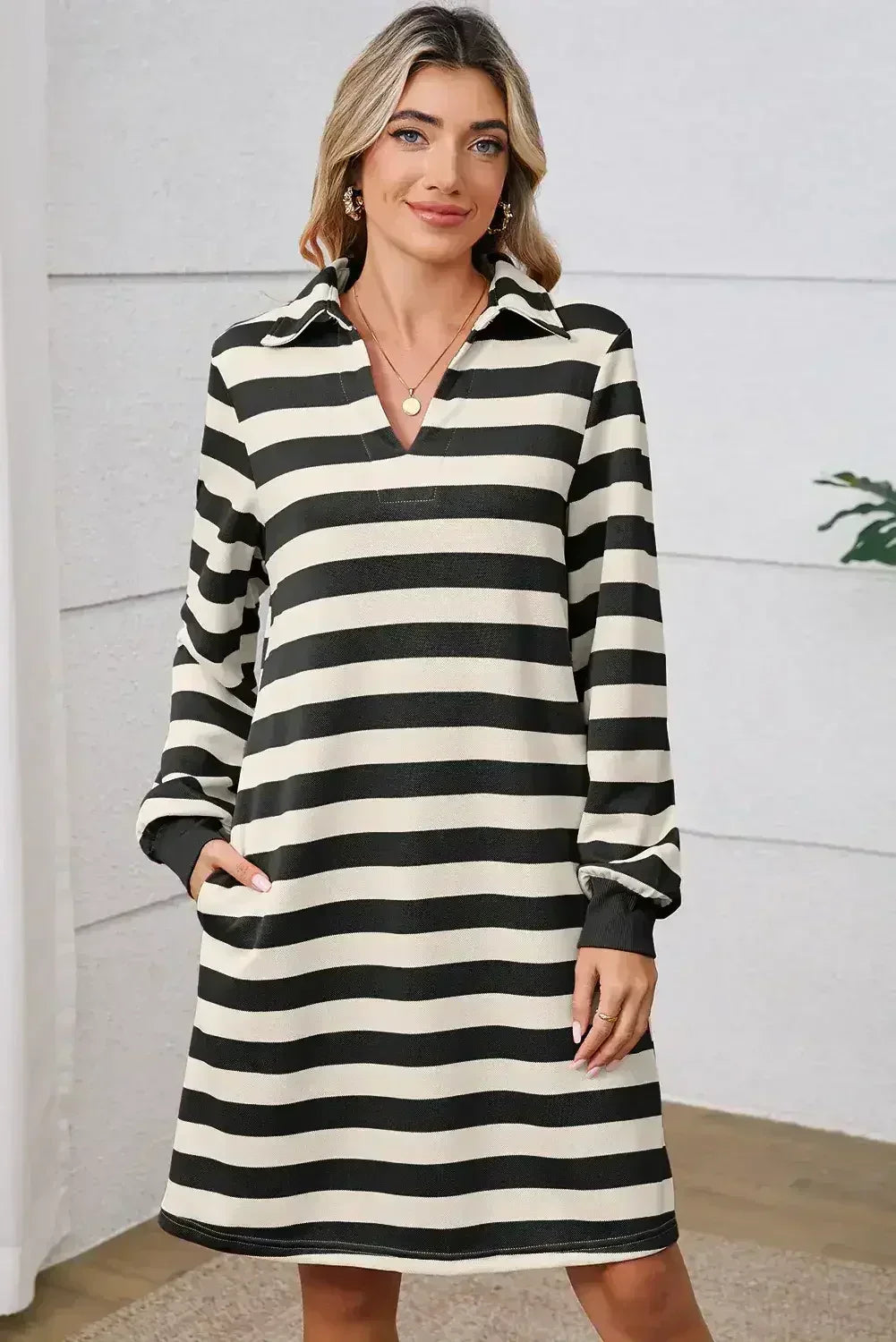 Pink Stripe Pocketed Collared V Neck Loose Fit Mini Dress