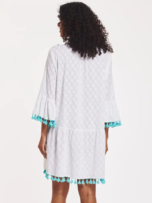 Marilda Aqua Cotton Jacquard Dress – White with Tassels