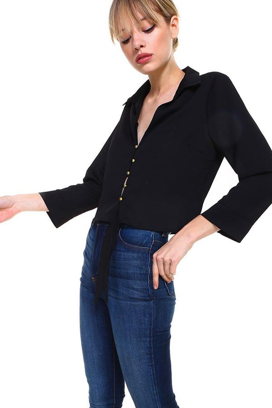 Solid Button Down Tie Front Blouse | Apparel | Kitchen + Metal