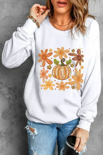 White Flower Pumpkin Printed Cotton Blend Sweatshirt
