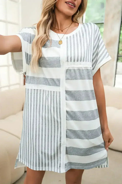 Gray Stripe Mixed Printed Short Sleeve Shift Mini T Shirt Dress