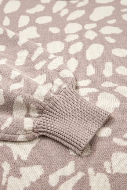 Gray Leopard Spots Pattern Ribbed Trim Drop Shoulder Sweater