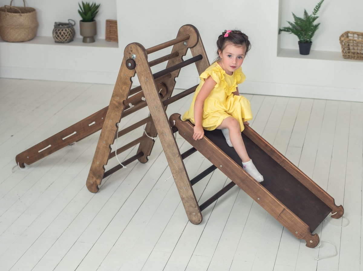 3in1 Montessori Climbing Set: Triangle Ladder + Slide Board + Net – Chocolate