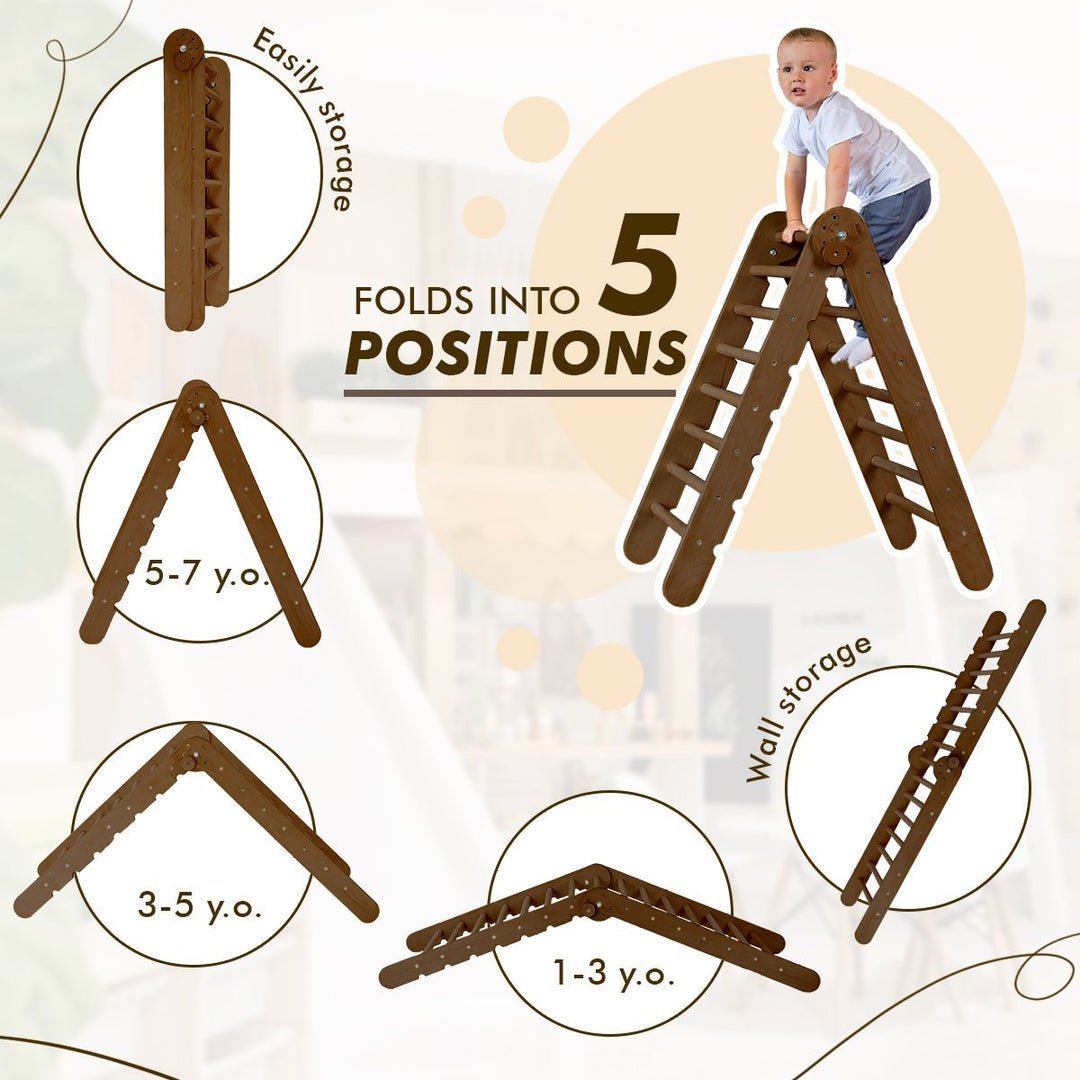 3in1 Montessori Climbing Set: Triangle Ladder + Slide Board + Net – Chocolate