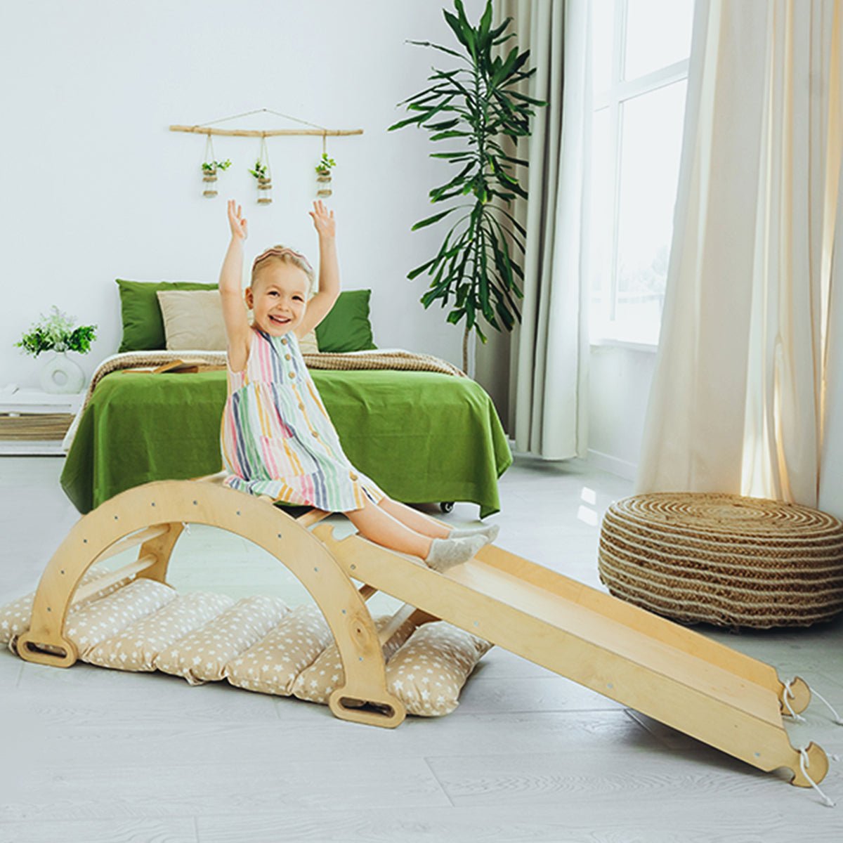 3in1 Montessori Climbing Set: Climbing Arch + Slide Board + Cushion - Beige
