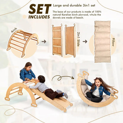 3in1 Montessori Climbing Set: Climbing Arch + Slide Board + Cushion - Beige