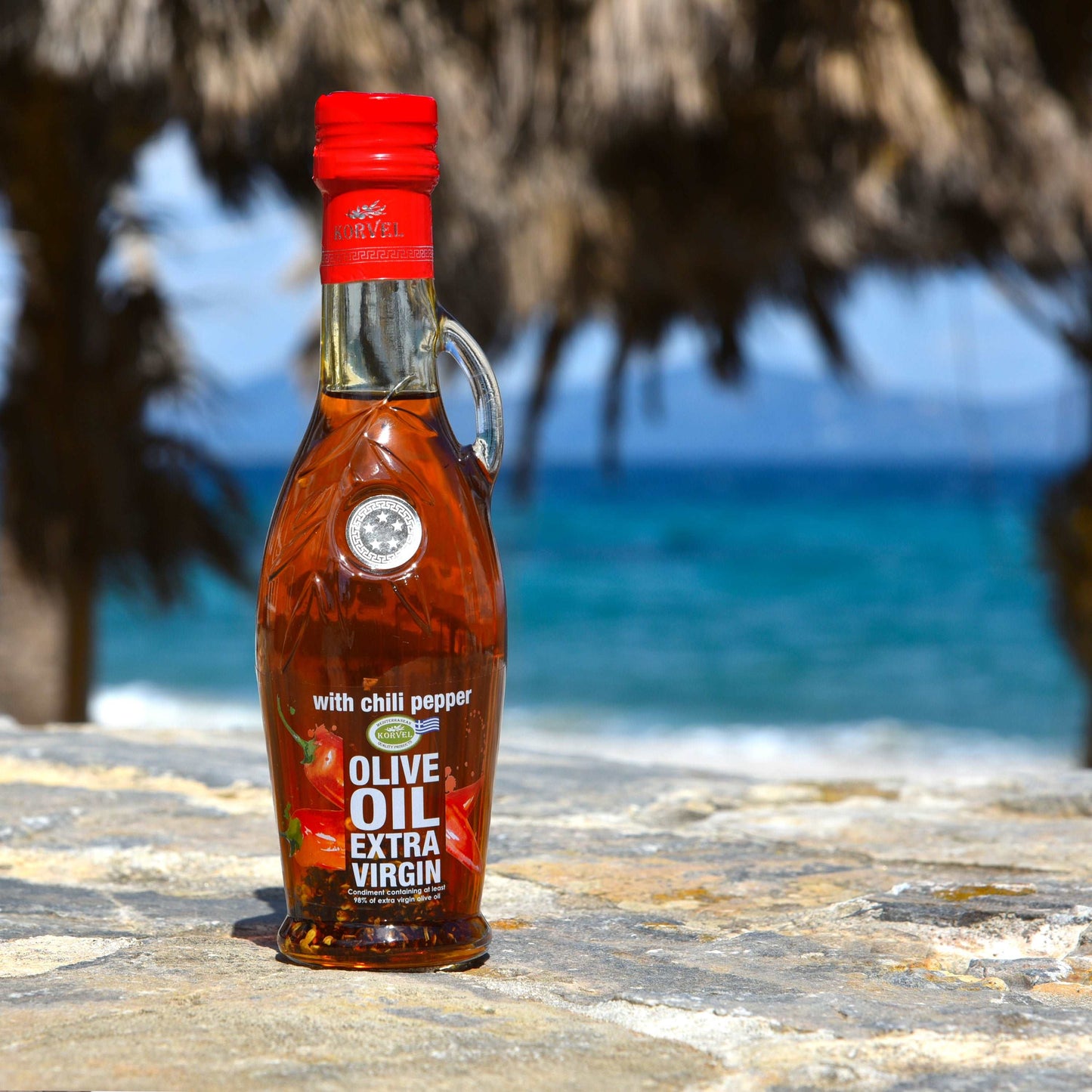 KORVEL Greek Extra Virgin Olive Oil with Chili Pepper, Amphora 8.45 fl oz (250ml) - 6 pack