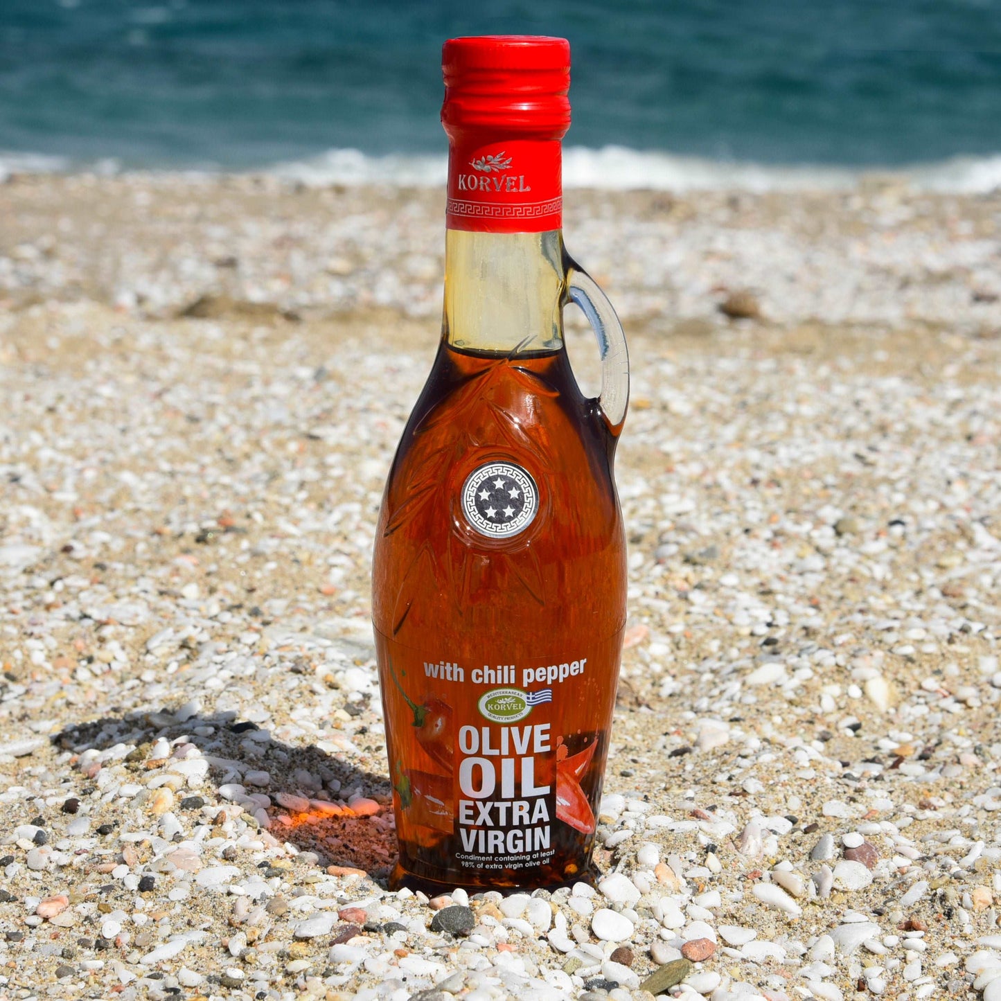 KORVEL Greek Extra Virgin Olive Oil with Chili Pepper, Amphora 8.45 fl oz (250ml) - 6 pack