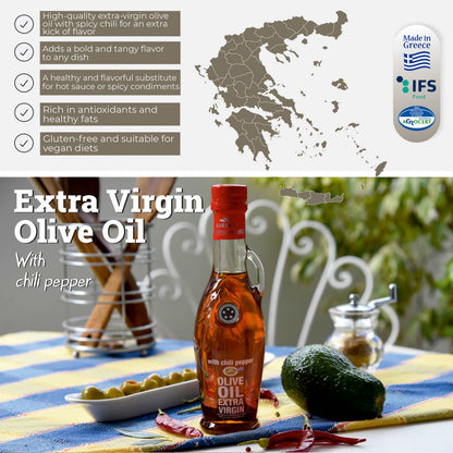 KORVEL Greek Extra Virgin Olive Oil with Chili Pepper, Amphora 8.45 fl oz (250ml)