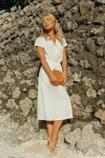ARYA Safari Linen Midi Dress In Off White