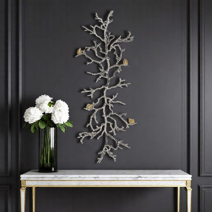 44" Silver And Gold Aluminum Branches And Birds Hanging Dimensional | Kitchen + Metal