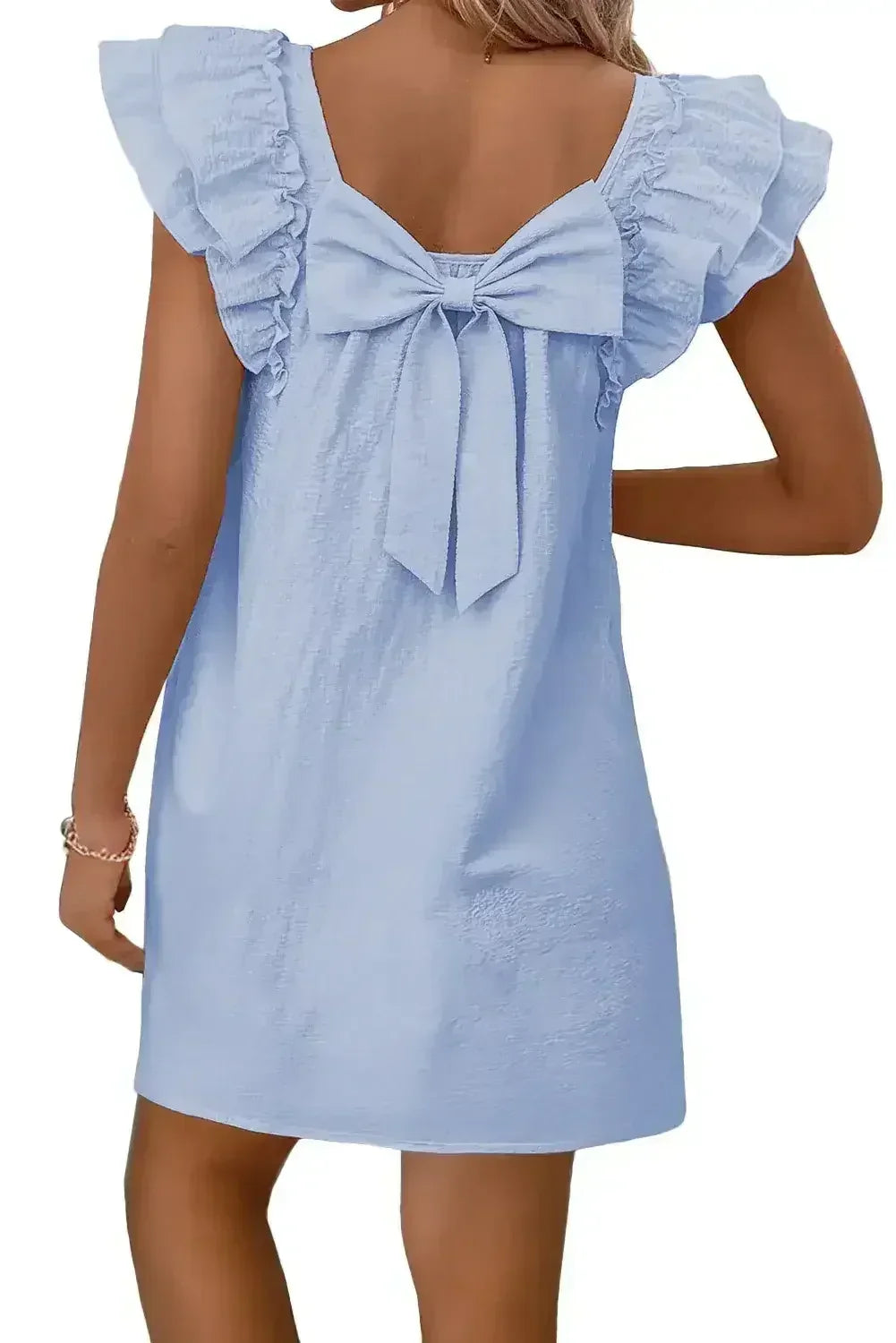 Light Pink Textured Flutter Sleeve Square Neck Bow Back Mini Dress