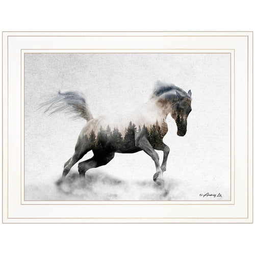 Framed artwork of a horse running with a forest overlay on a white background