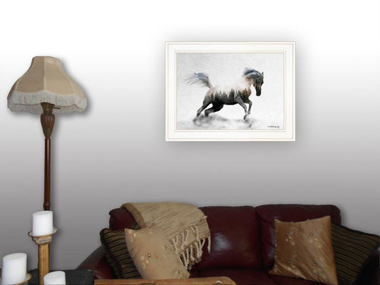 Framed artwork of a horse on a wall above a sofa with decorative pillows.
