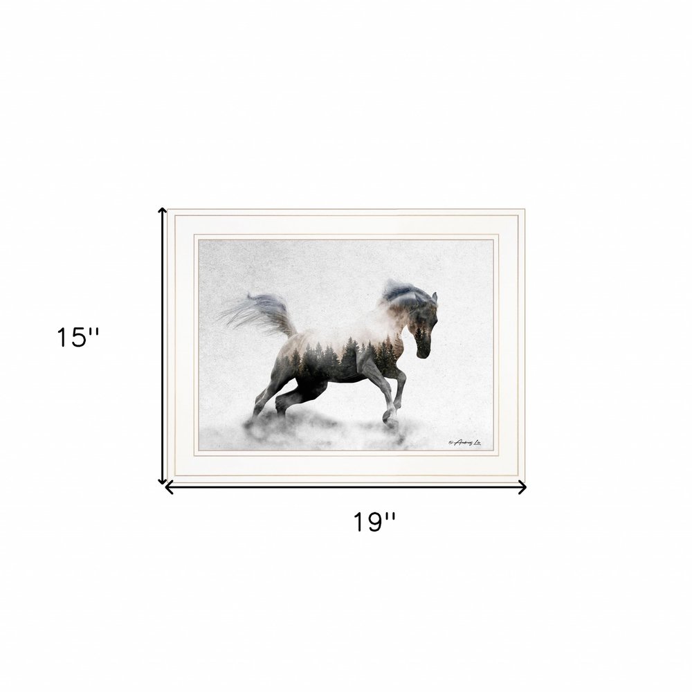 Framed artwork of a horse running, with dimensions indicated on a white background.