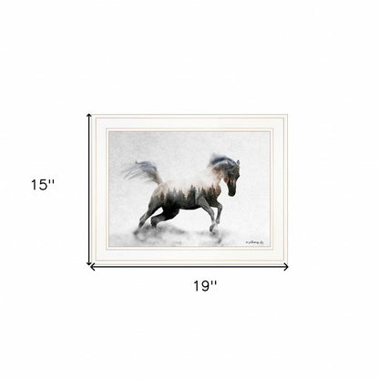 Framed artwork of a horse running, with dimensions indicated on a white background.