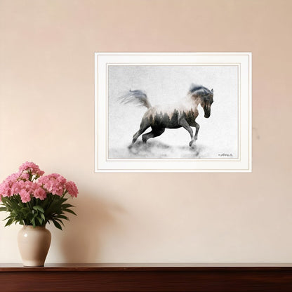 Framed artwork of a horse on a wall above a vase with pink flowers.
