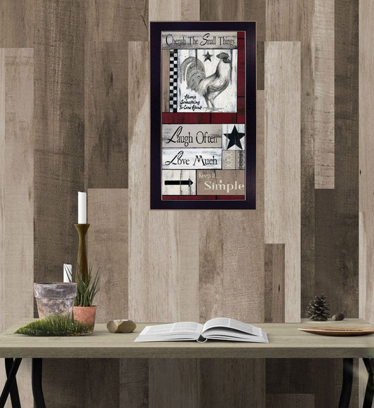 Decorative wall art with rooster design on a wooden wall above a table.