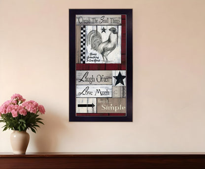 Decorative wall art with motivational phrases and a rooster illustration on a beige wall.