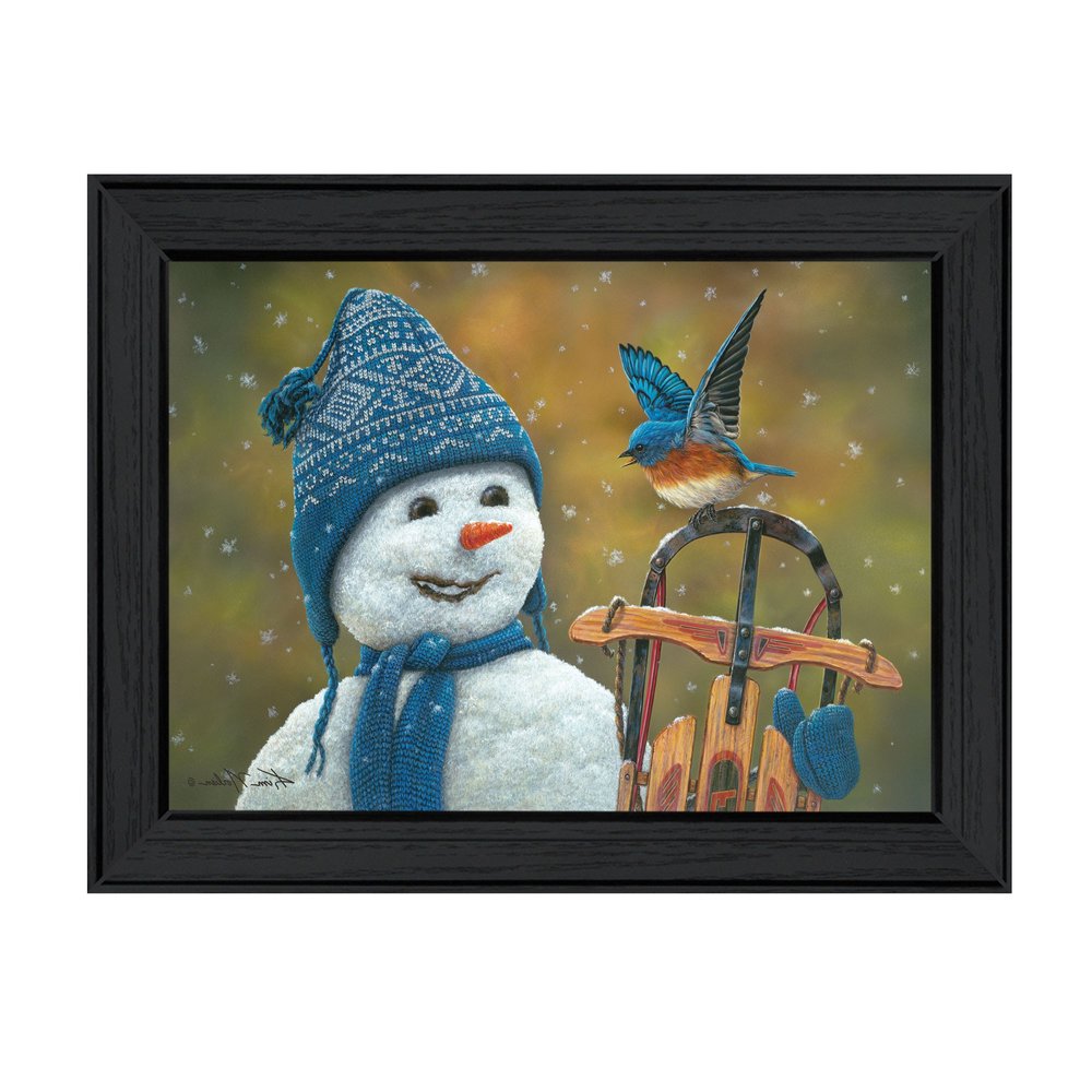 Framed artwork of a snowman with a blue knit hat and scarf, sitting on a sled with a bird perched on it, against a snowy background.