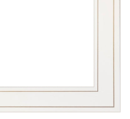 White picture frame with gold trim on a white background